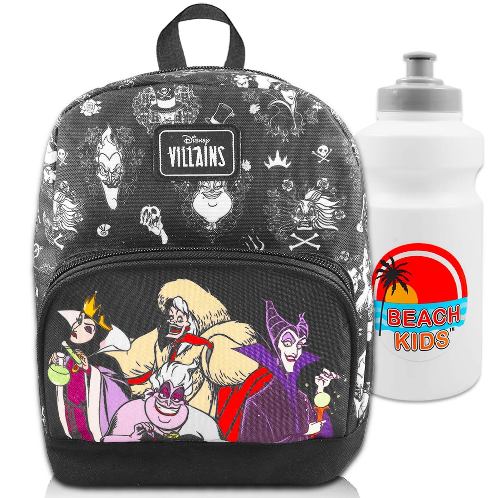 Disney Villains Mini Backpack Set - 10” Canvas Disney Villains Backpack with Front Pocket Plus Bottle | Disney Villains Backpack Bundle