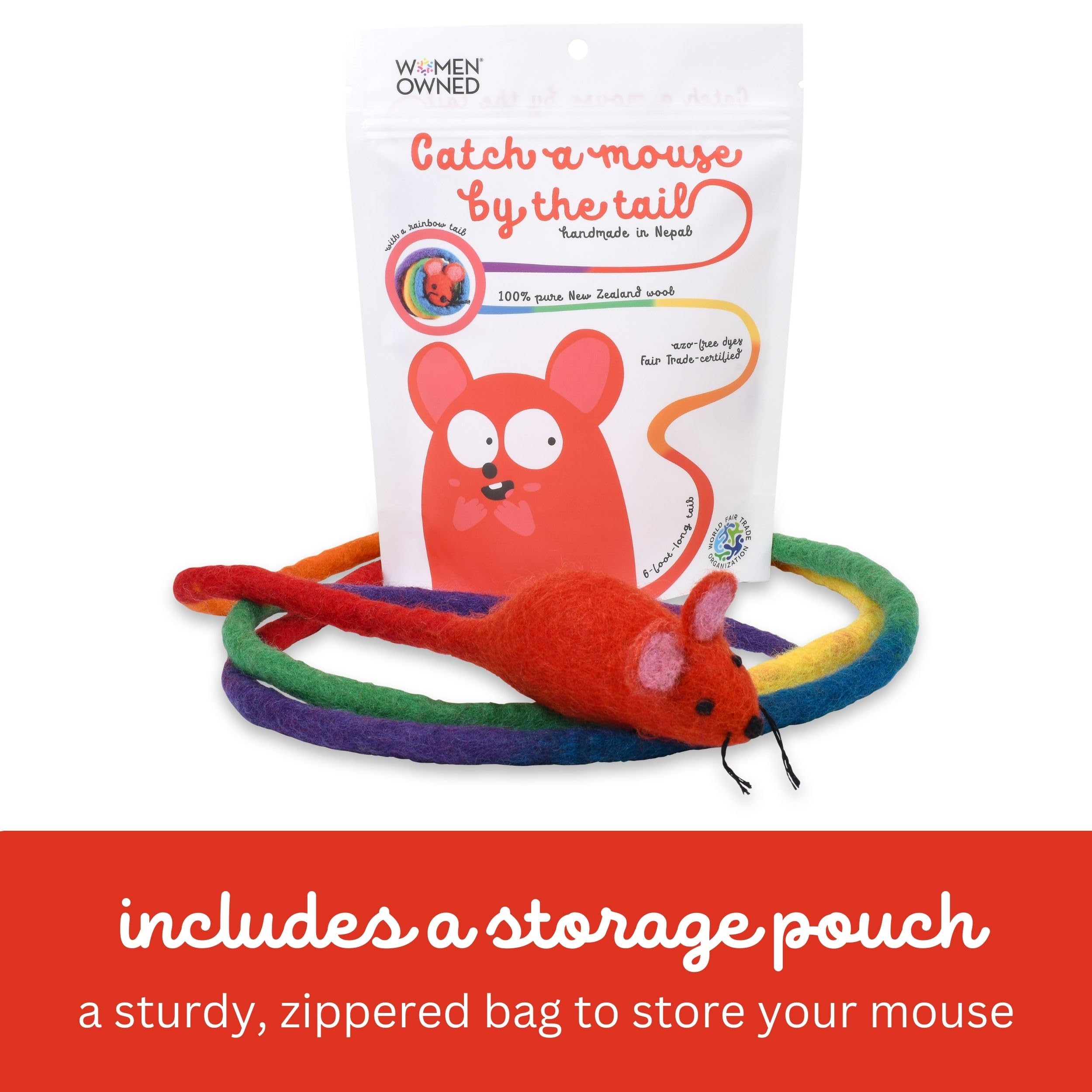 Catch a Mouse by The Tail Wool Cat Mouse Toy with a 6-Ft Tail for Indoor Cats Kittens. Cute Toy Mouse, Mouse Cat Toy, Rat Plush Toy, Fake Mice. No Catnip. Pride (Rainbow)