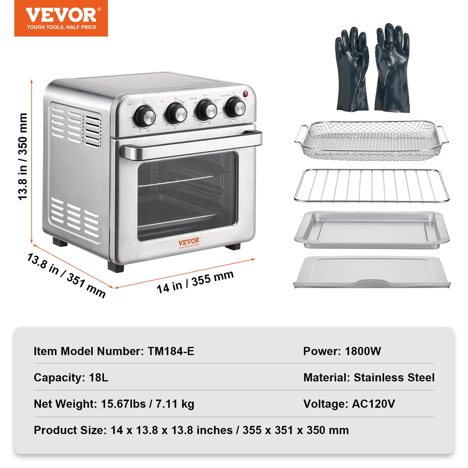 VEVOR 7-IN-1 Air Fryer Toaster Oven, 18L Convection Oven, 1800W Stainless Steel Toaster Ovens Countertop Combo with Grill, Pizza Pan, Gloves, 6 Slices Toast, 10-inch Pizza, Home and Commercial Use