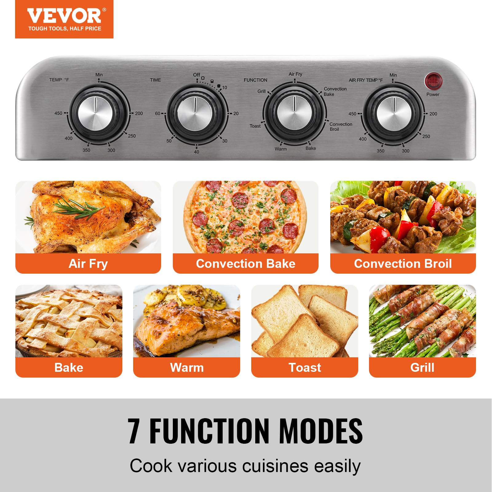 VEVOR 7-IN-1 Air Fryer Toaster Oven, 18L Convection Oven, 1800W Stainless Steel Toaster Ovens Countertop Combo with Grill, Pizza Pan, Gloves, 6 Slices Toast, 10-inch Pizza, Home and Commercial Use