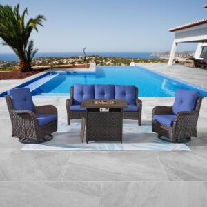 patio furniture 4 piece, all-weather pe wicker outdoor furniture set with fire pit table,outdoor patio furniture with swivel rocking chairs