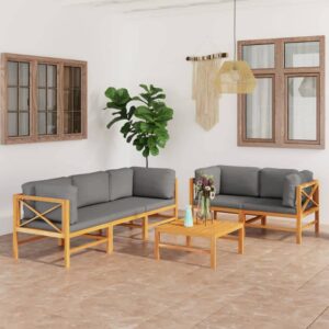 vraxo 6 piece patio lounge set with gray cushions solid teak wood,outdoor furniture sets-140.47lbs