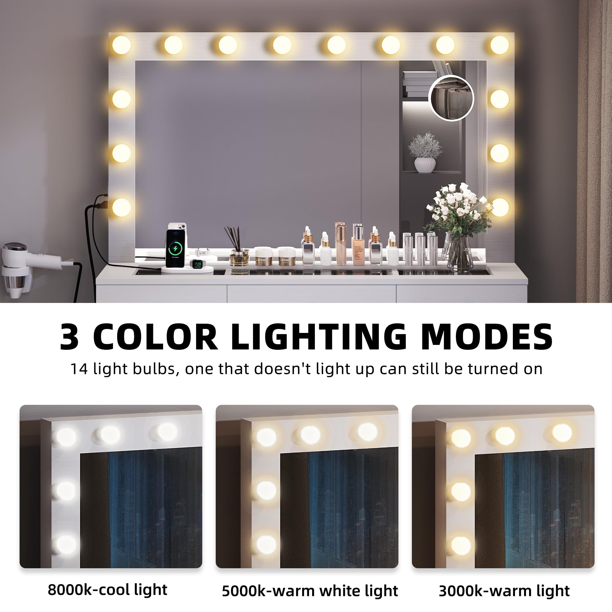 DWVO Vanity Desk Set with Hollywood Bulbs Mirror Power Outlet, Large Glass Top Vanity Makeup Mirror Desk Crystal Handle 3 Color Lighting Modes 9 Drawers Magnifying Glass, Makeup Vanity w/Bench, White