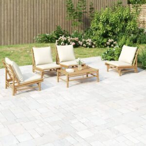 vraxo 5 piece patio lounge set with cream white cushions bamboo,outdoor furniture sets-106.48lbs