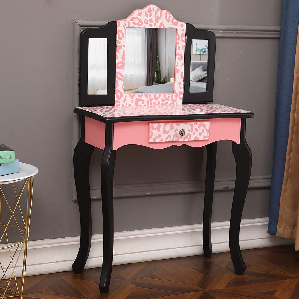 Guangshuohui Vanity Set with Mirror and Stool for Girls, Makeup Dressing Table with Drawer, Make Up Vanity Desk Princess Vanity Table for Girls (Red Leopard Print)