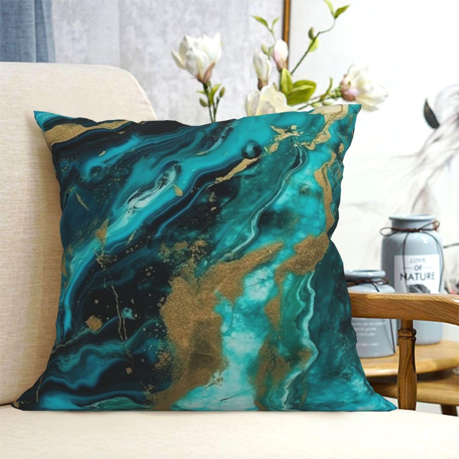 AdaNti Turquoise Blue Gold Marble Print Throw Pillow Cover Square Soft Cushion Cover Throw Pillow Case for Home Decor Living Room Bed Couch Car 20"x20"