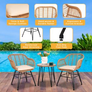 3 Piece Outdoor Wicker Conversation Bistro Set, All-Weather Outdoor Patio Furniture w/Table and Cushions, Porch Furniture Rattan Patio Set for Poolside Garden Backyard, Yellow/Beige