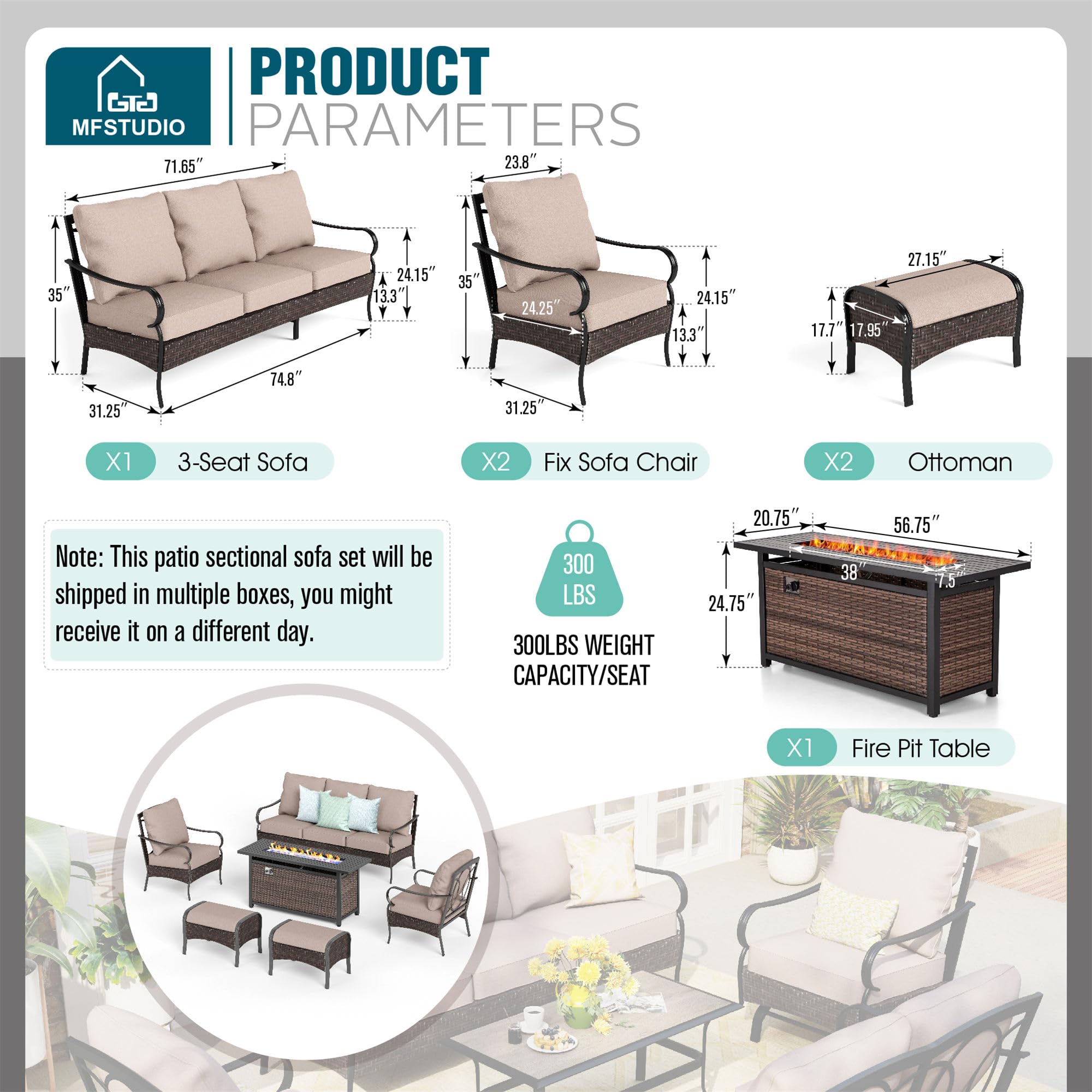 MFSTUDIO Oversize Outdoor Patio Furniture Set with 56" Fire Pit Table, 6 PCS Heavy-Duty Metal Patio Conversation Sets for 7 with 3-Seat Sofa & 2 Ottoman, 2 Fixed Sofa Chairs, 1 Fire Pit Table(Beige)