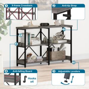 BON AUGURE Industrial Entryway Table and Small 3 Tier Bookshelf, Wood and Metal Furniture Set for Living Room, Bedroom, Kitchen, Home Office (Dark Grey Oak)