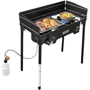 vevor outdoor propane burner, 2 burner propane stove with windscreen, heavy duty gas cooker w/detachable legs stand & adjustable psi regulator, propane burners for outdoor cooking