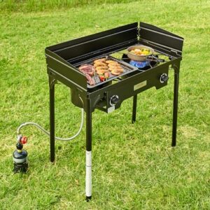 VEVOR Outdoor Propane Burner, 2 Burner Propane Stove with Windscreen, Heavy Duty Gas Cooker w/Detachable Legs Stand & Adjustable PSI Regulator, Propane Burners for Outdoor Cooking