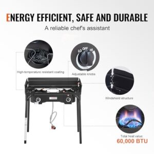 VEVOR Outdoor Propane Burner, 2 Burner Propane Stove with Windscreen, Heavy Duty Gas Cooker w/Detachable Legs Stand & Adjustable PSI Regulator, Propane Burners for Outdoor Cooking