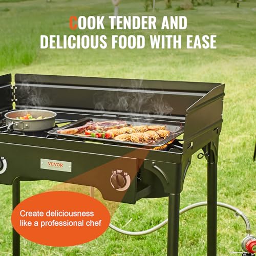 VEVOR Outdoor Propane Burner, 2 Burner Propane Stove with Windscreen, Heavy Duty Gas Cooker w/Detachable Legs Stand & Adjustable PSI Regulator, Propane Burners for Outdoor Cooking