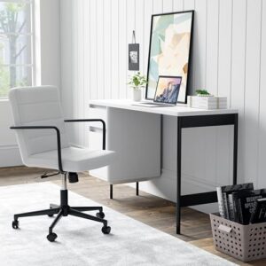 euro style white faux leather/black steel leander rolling office chair with armrests - modern computer desk chair with wheels for work, gaming