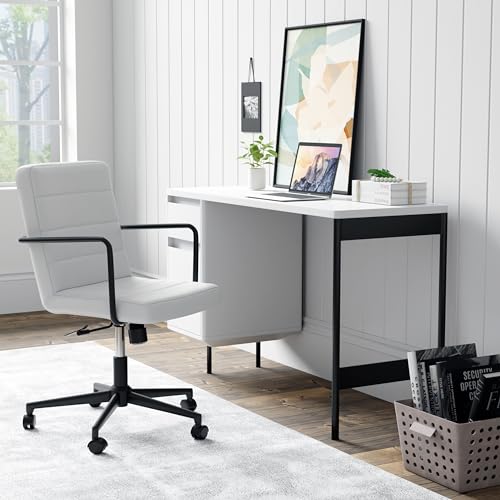 Euro Style White Faux Leather/Black Steel Leander Rolling Office Chair with Armrests - Modern Computer Desk Chair with Wheels for Work, Gaming