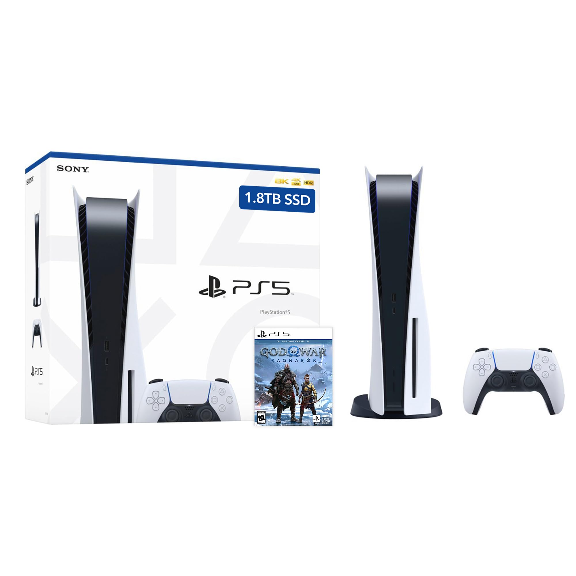 PlayStation 5 Enhanced Storage 1.8TB Disc Version Console - PS5 Disc Console with 1.8TB Ultra-High Speed PCIe Gen 4 NVNe SSD, DS Controller, Case, White, with GOW Voucher