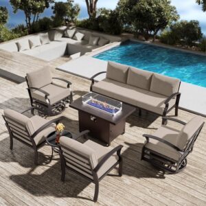 ASJMR Patio Furniture Set 7-piece aluminum armrest sofa, modern outdoor living room set with 55000 BTU propane aluminum fireplace, outdoor rotary joystick with thick cushion - （Brown）