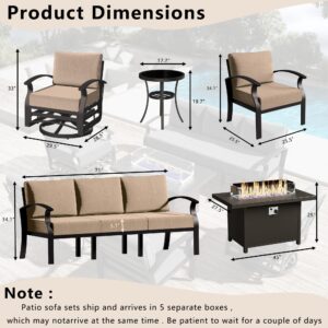 ASJMR Patio Furniture Set 7-piece aluminum armrest sofa, modern outdoor living room set with 55000 BTU propane aluminum fireplace, outdoor rotary joystick with thick cushion - （Brown）