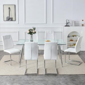 Ginxesh 63‘’ Glass Dining Table Set for 4-6,7 Dining Table Set,Rectangular Tempered Glass Top Kitchen Table and 6 Faux Leather High Back Upholstered Dining Chairs (White, 6 Chairs)