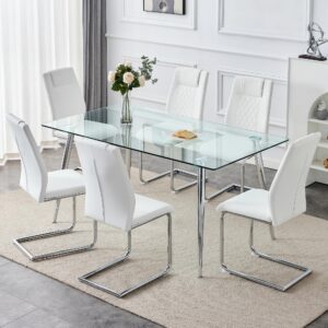 Ginxesh 63‘’ Glass Dining Table Set for 4-6,7 Dining Table Set,Rectangular Tempered Glass Top Kitchen Table and 6 Faux Leather High Back Upholstered Dining Chairs (White, 6 Chairs)