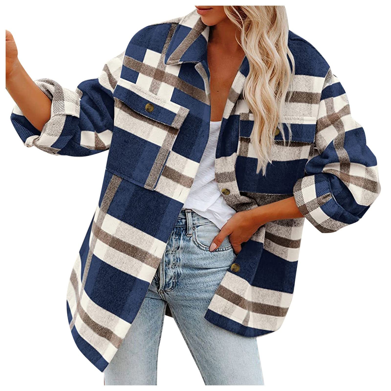 TTBDWiian Womens Plaid Jacket With Pockets Long Sleeve Button Down Shirts Flannel Shacket Jacket Fall Winter Casual Coat 2023