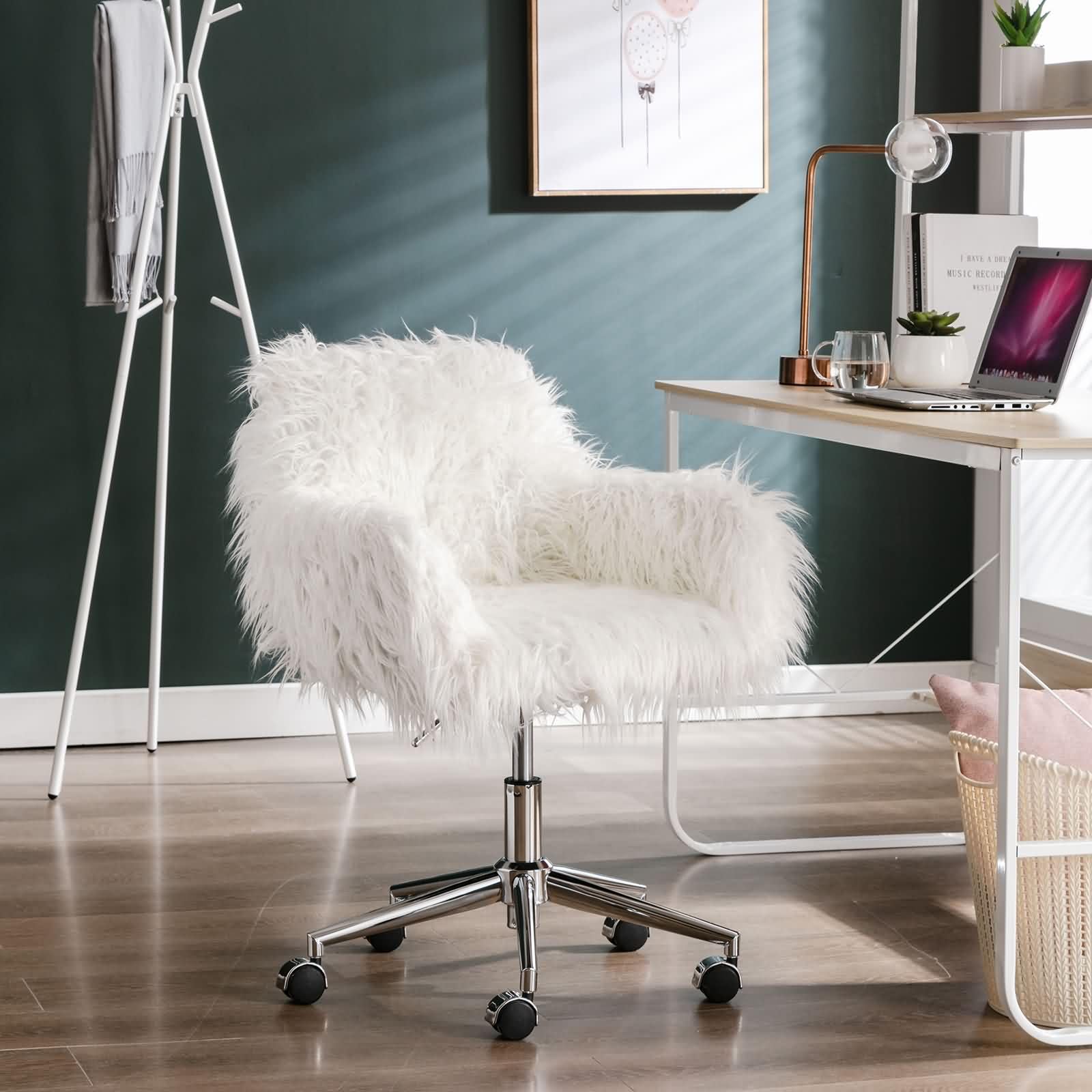 Daesar Modern Faux Fur Home Office Chair, Fluffy Chair for Girls, Makeup Vanity Chair, White