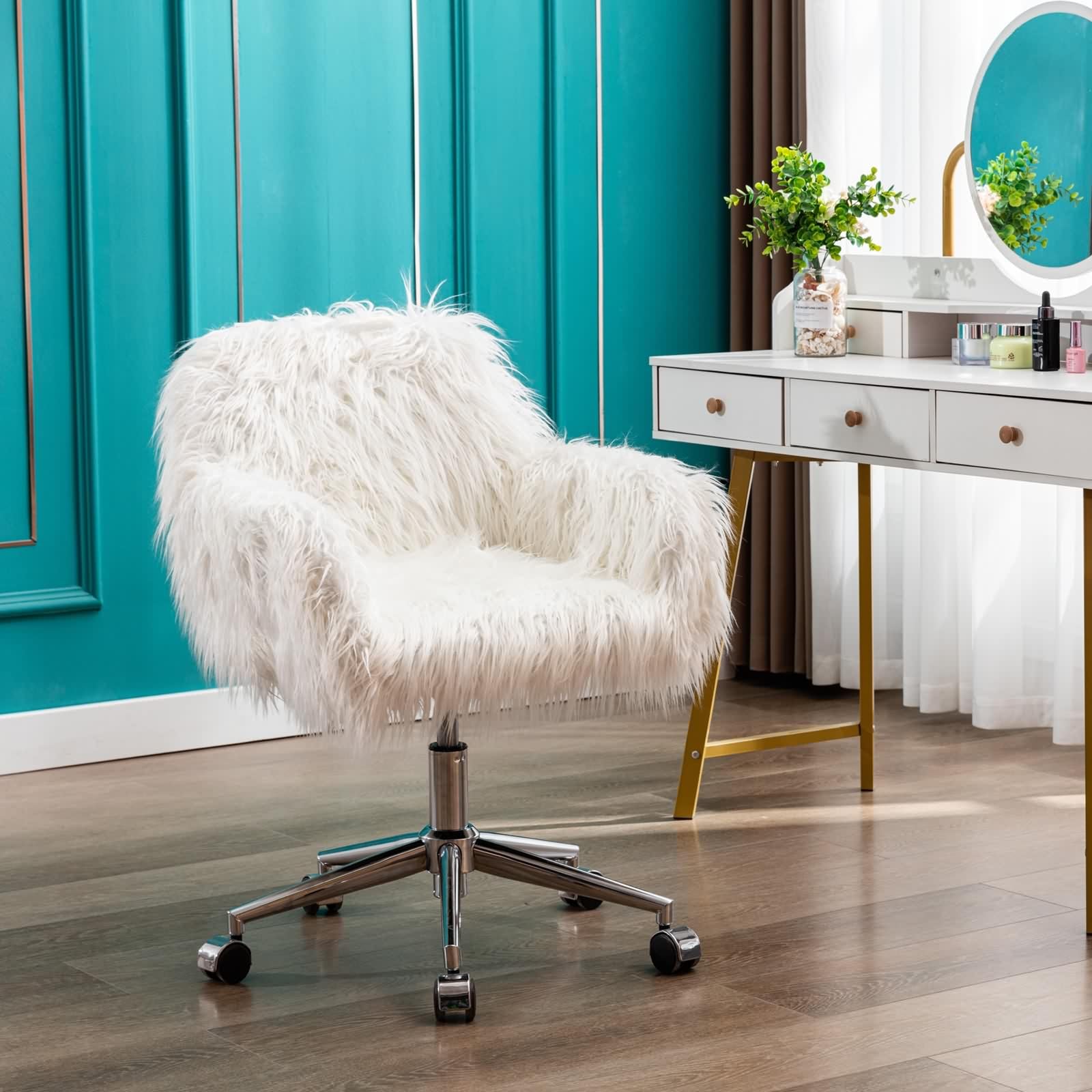 Daesar Modern Faux Fur Home Office Chair, Fluffy Chair for Girls, Makeup Vanity Chair, White