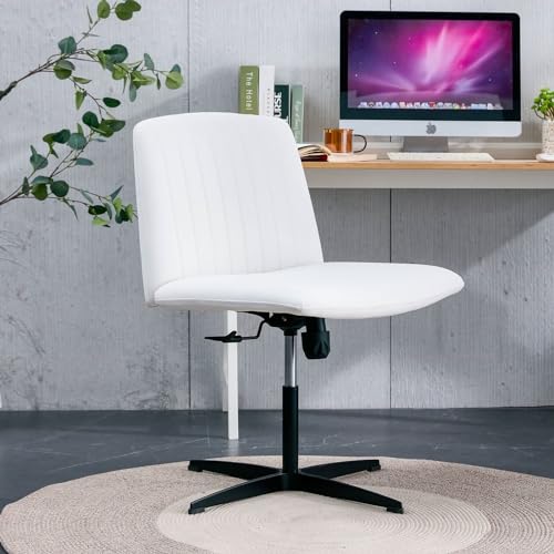 Daesar White High Grade Pu Material. Home Computer Chair Office Chair Adjustable 360 ° Swivel Cushion Chair with Black Foot Swivel Chair Makeup Chair Study Desk Chair. No Wheels