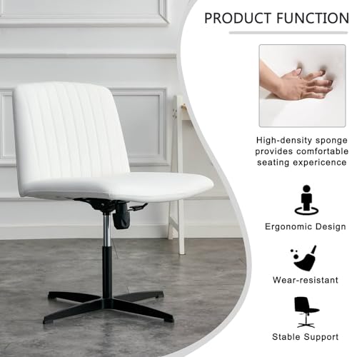 Daesar White High Grade Pu Material. Home Computer Chair Office Chair Adjustable 360 ° Swivel Cushion Chair with Black Foot Swivel Chair Makeup Chair Study Desk Chair. No Wheels