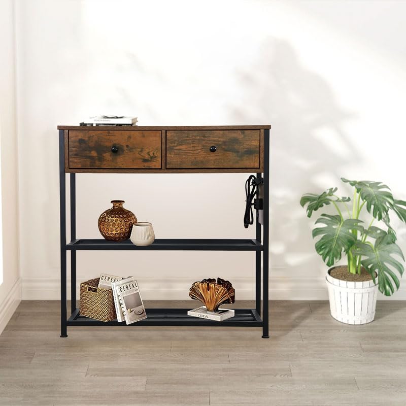 Industrial Entryway Console Table with Drawers, Shelves, AC Outlets, and USB Ports - Ultimate Sideboard Buffet Cabinet for Living Room, Foyer, Hallway - Stylish Storage Solution