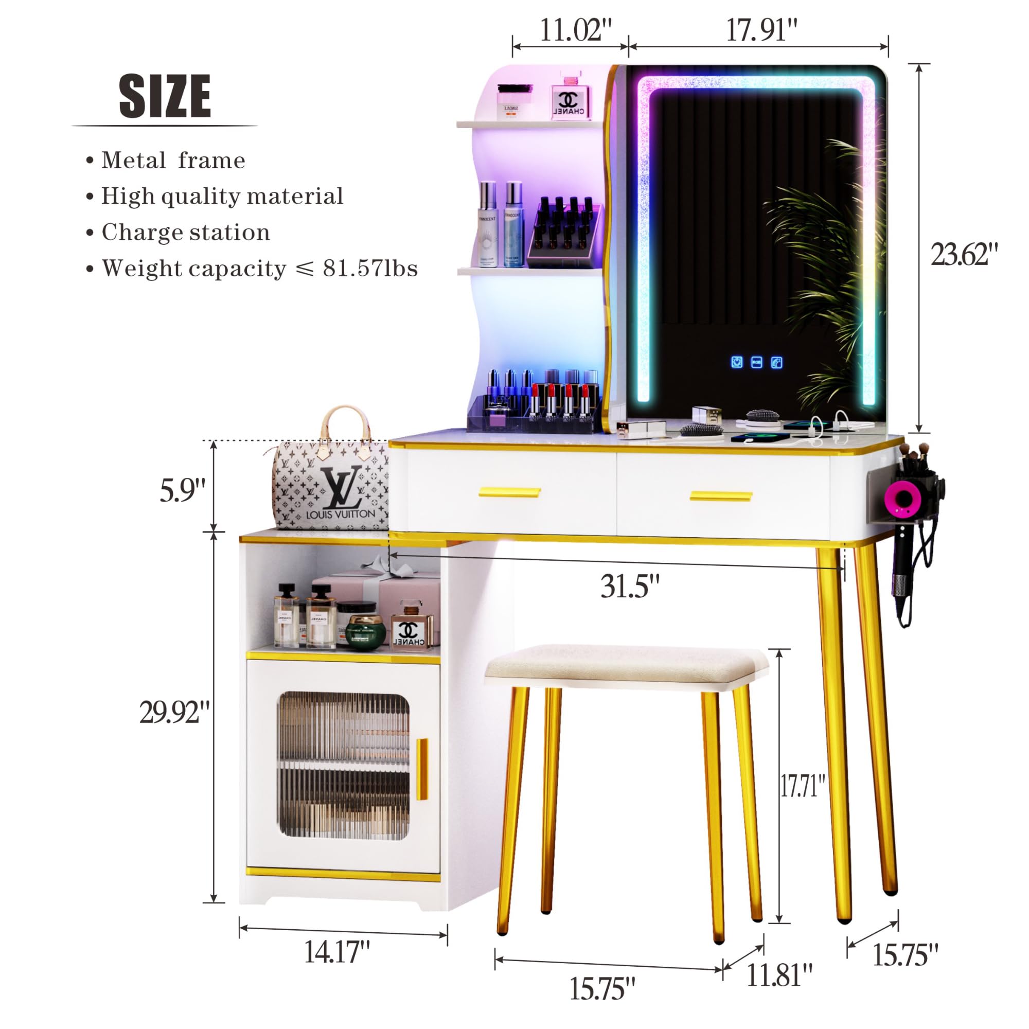 FREDEES Vanity Makeup Table with Mirror: Dressing Table with Lights & Drawers for Girls/Women - Simple Assembly Makeup Vanity Desk with 3 in 1 Charging Station for Bedroom Furniture, White