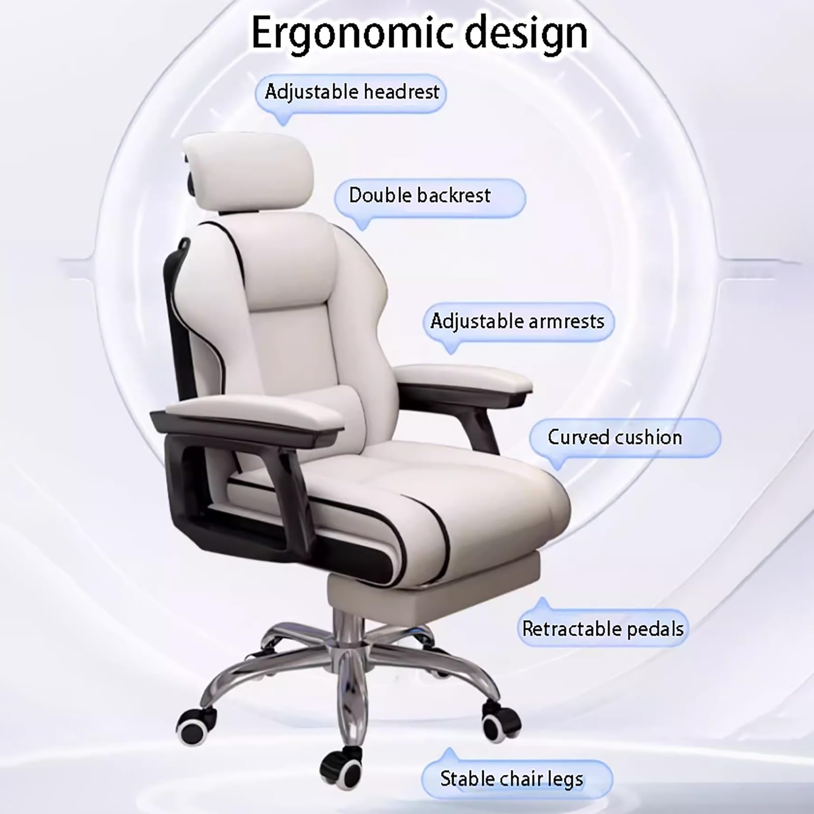 Ergonomic Office Chair, Executive Office Chair Comfortable Foot Pedal PU Leather Ergonomic Computer Office Home Study Height Adjustable Swivel Chair (Color : White, Size : Foot Pedal)