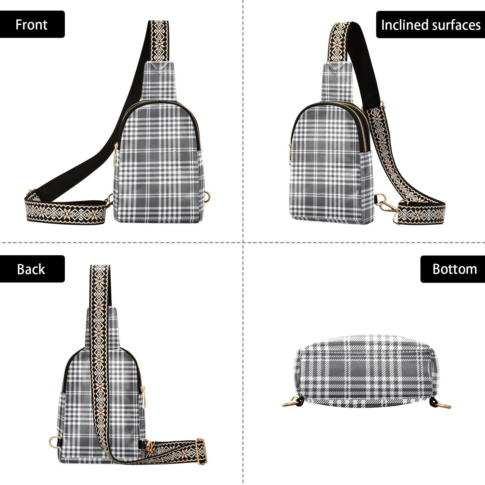 Augenstern Women Crossbody Sling Backpack Plaid-black-white-color Girl Chest Bag Daypack for Hiking Traveling