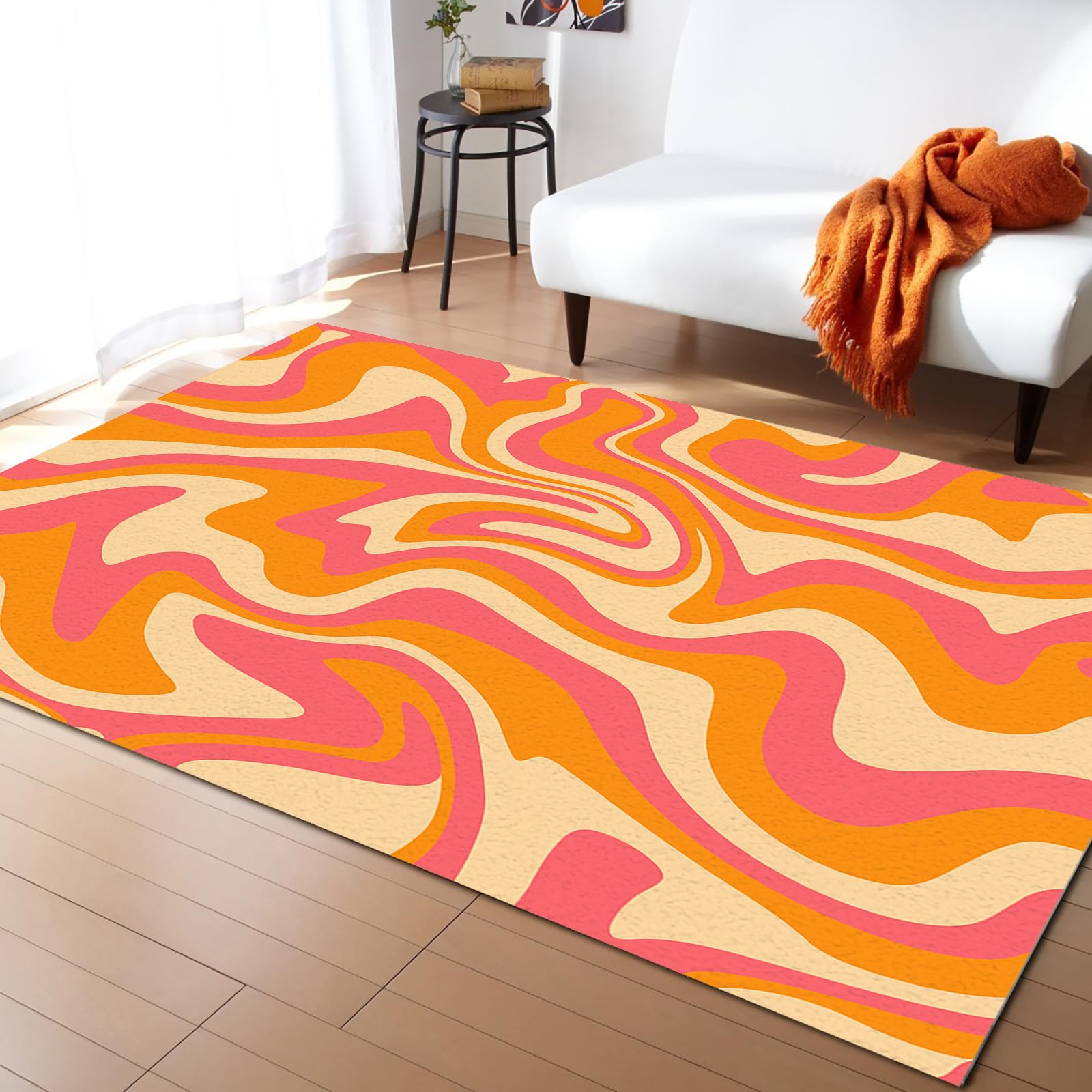 2' x 3' Area Rug, Orange Pink Non-Skid Rubber Backing Large Rectangle Rugs - Living Room Bedroom Home Office Modern Moire Geometric Abstract Art Indoor Floor Mat Carpets