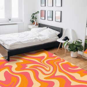 2' x 3' Area Rug, Orange Pink Non-Skid Rubber Backing Large Rectangle Rugs - Living Room Bedroom Home Office Modern Moire Geometric Abstract Art Indoor Floor Mat Carpets