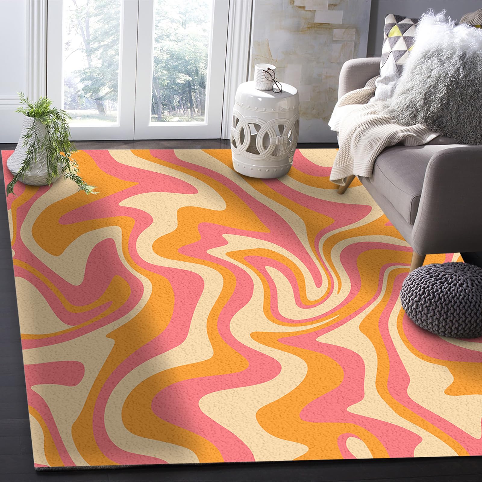 2' x 3' Area Rug, Orange Pink Non-Skid Rubber Backing Large Rectangle Rugs - Living Room Bedroom Home Office Modern Moire Geometric Abstract Art Indoor Floor Mat Carpets