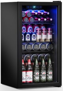 manastin beverage refrigerator cooler-120 cans freestanding mini fridge cooler with glass door, adjustable shelves & digital temperature display for soda, wine or beer (black, 3.2 cu.ft)