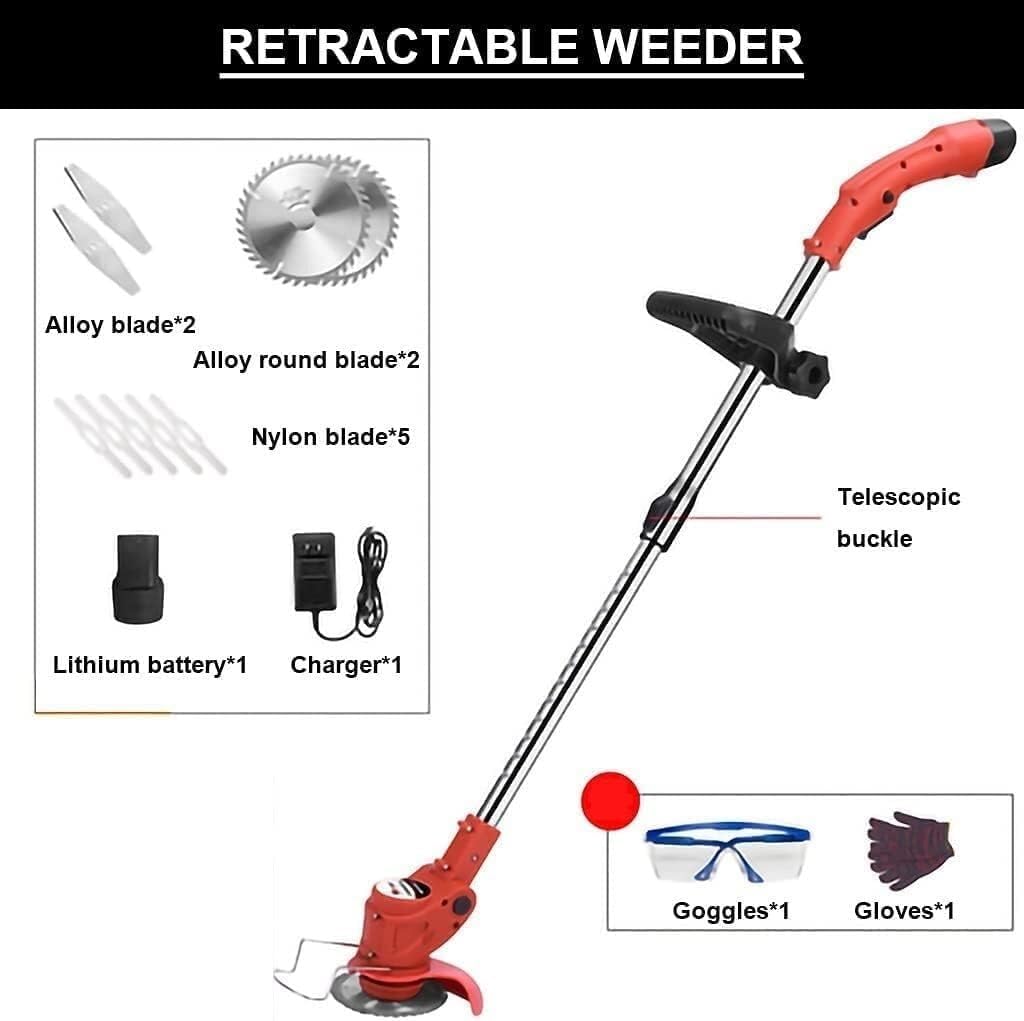 Handheld Cordless String Trimmer Small Household Lawn Mower Electric Grass Cutter Retractable Rod Equipped with Lithium Battery Charger (Size : Battery*2)