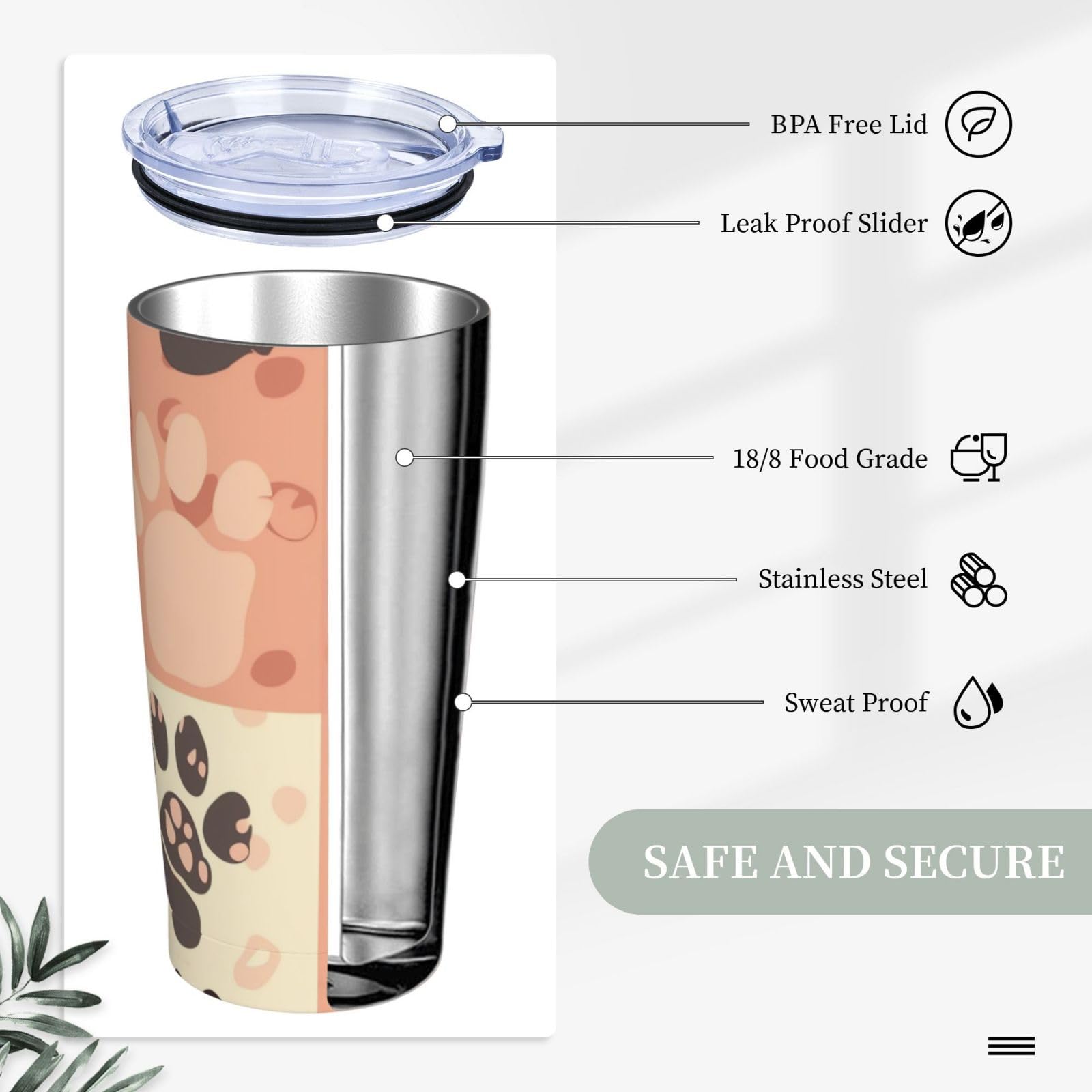 Cute Cat Paw print 20 oz Stainless Steel Tumbler With Lid And Straw Insulated Coffee Cup Portable Travel Mug For Cold And Hot Drinks