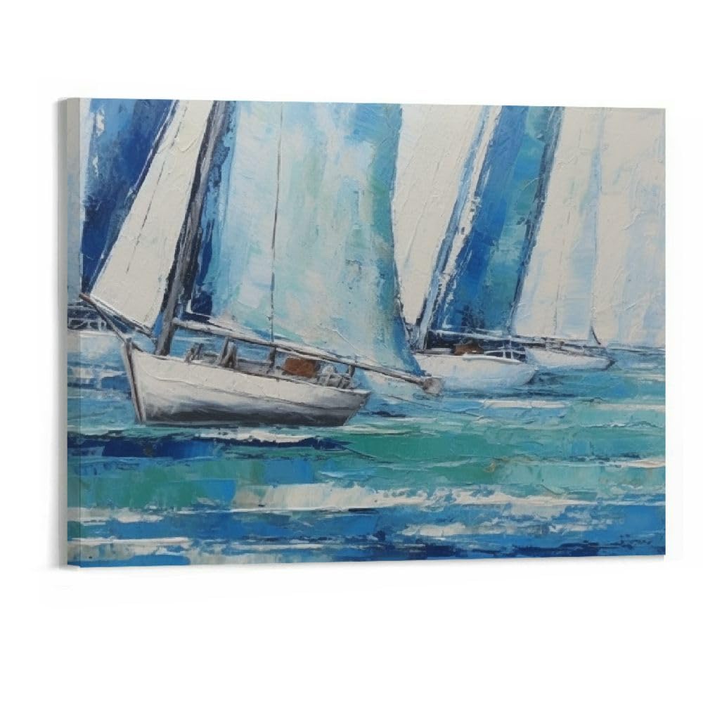 Algasan Blue Abstract Wall Art Canvas Teal Ocean Sailboat Picture Modern Turquoise Coastal Nautical Painting,20"x16"in Framed Textured Artwork for Living Room Bedroom Home Office Wall Decor