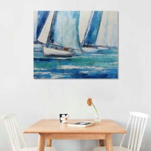 Algasan Blue Abstract Wall Art Canvas Teal Ocean Sailboat Picture Modern Turquoise Coastal Nautical Painting,20"x16"in Framed Textured Artwork for Living Room Bedroom Home Office Wall Decor