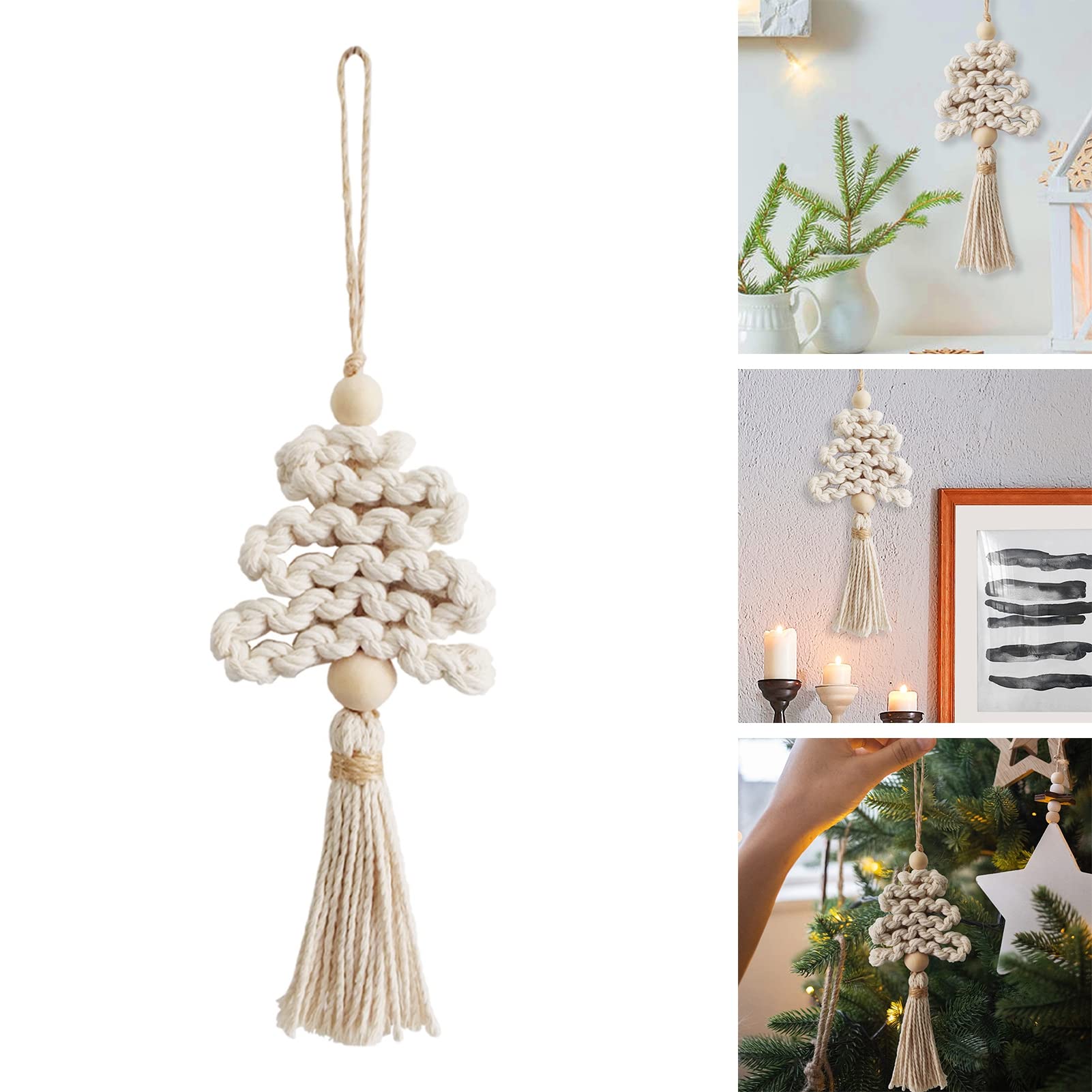 Hatleues Christmas Tree Ornament Boho Tassel Garland with Wood Beads Twisted Long Tassels Balls Cotton Thread Home Decor Hanging Xmas Pendant Christmas Macrame Woven Christmas Tree DIY Kit Beige