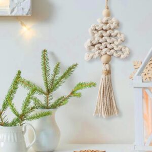 Hatleues Christmas Tree Ornament Boho Tassel Garland with Wood Beads Twisted Long Tassels Balls Cotton Thread Home Decor Hanging Xmas Pendant Christmas Macrame Woven Christmas Tree DIY Kit Beige