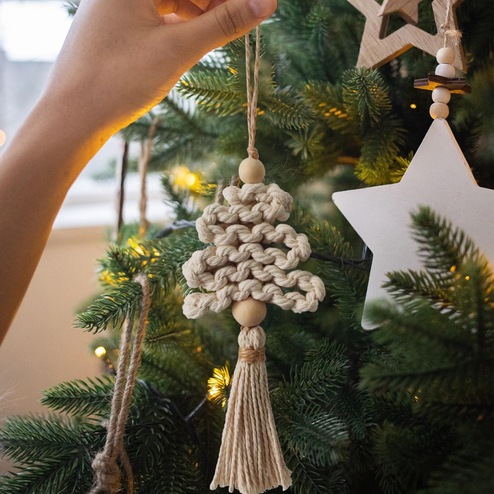 Hatleues Christmas Tree Ornament Boho Tassel Garland with Wood Beads Twisted Long Tassels Balls Cotton Thread Home Decor Hanging Xmas Pendant Christmas Macrame Woven Christmas Tree DIY Kit Beige