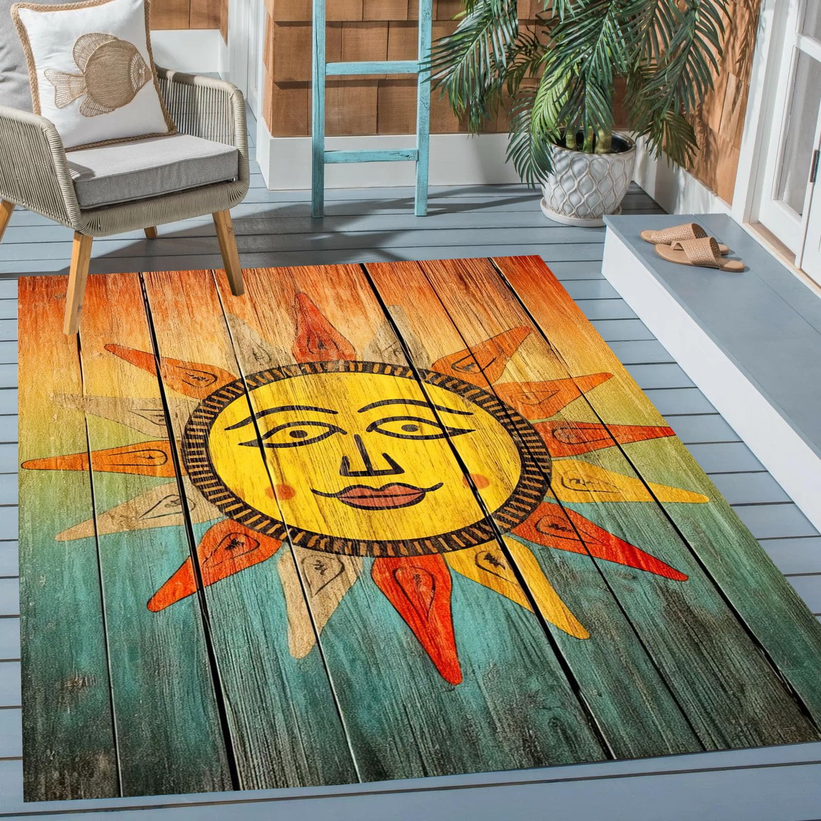 Vintage Sun Pattern Wood Illusion Indoor Outdoor Area Rug for Patio Deck Balcony Porch 5x8 Orange Gold Art Deck Carpet Waterproof Washable Boho Garden Rugs