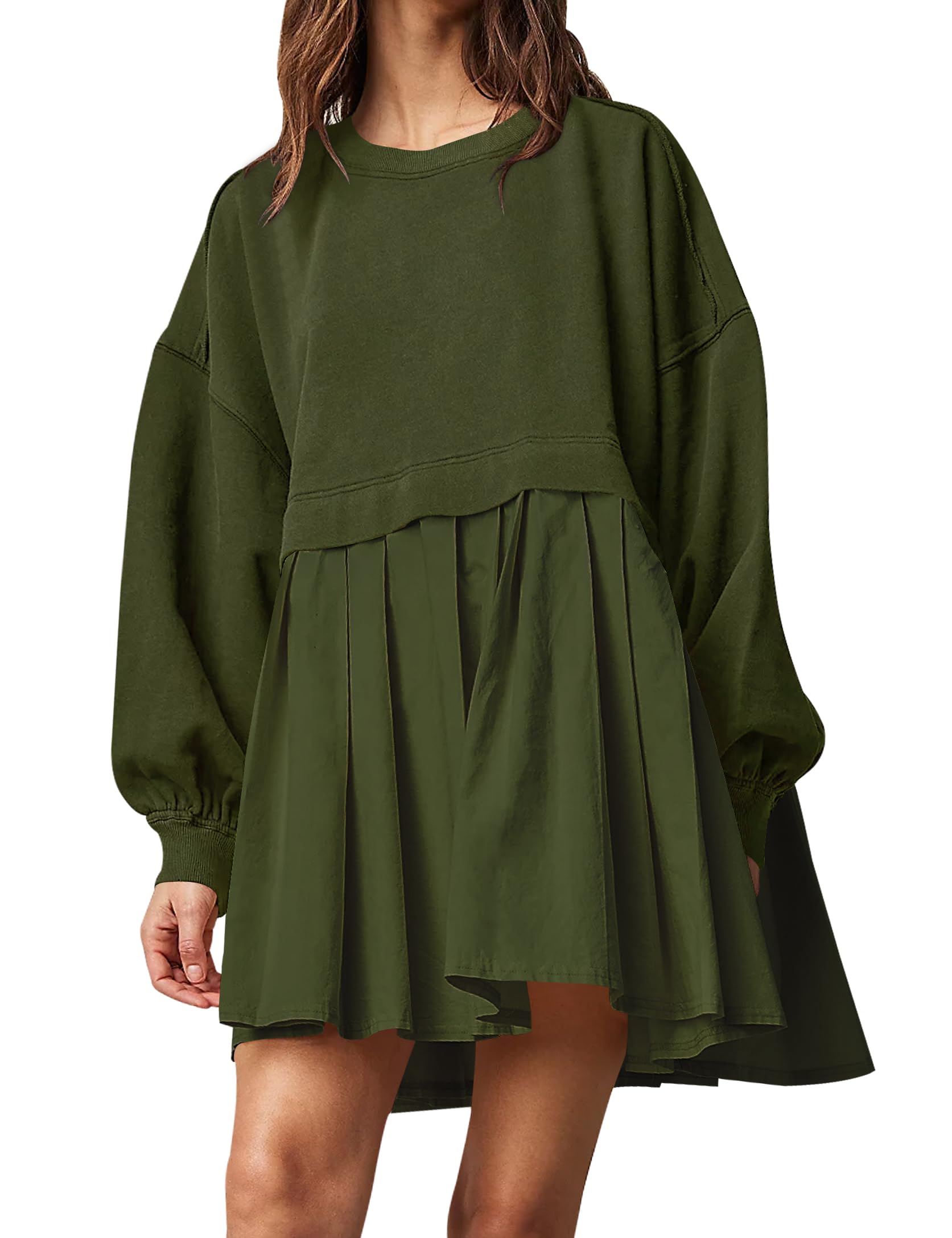 Ugerlov Womens Oversized Sweatshirt Dress Long Sleeve Crewneck Pullover Tops Relaxed Fit Sweatshirts Flowy Mini Short Dress, Army Green M