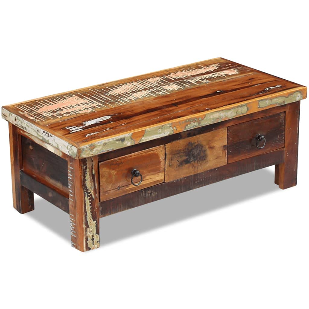 QJBSAVVA Coffee Table Drawers Solid Reclaimed Wood 35.4"x17.7"x13.8",Industrial Tables Floor Standing Table Cocktail Table Suitable for Meeting Rooms, Reception Rooms, Offices