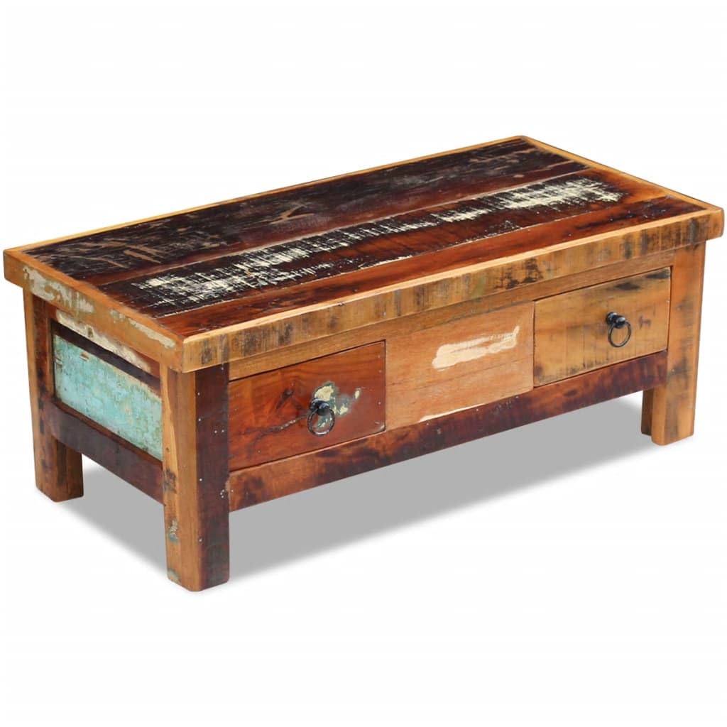 QJBSAVVA Coffee Table Drawers Solid Reclaimed Wood 35.4"x17.7"x13.8",Industrial Tables Floor Standing Table Cocktail Table Suitable for Meeting Rooms, Reception Rooms, Offices