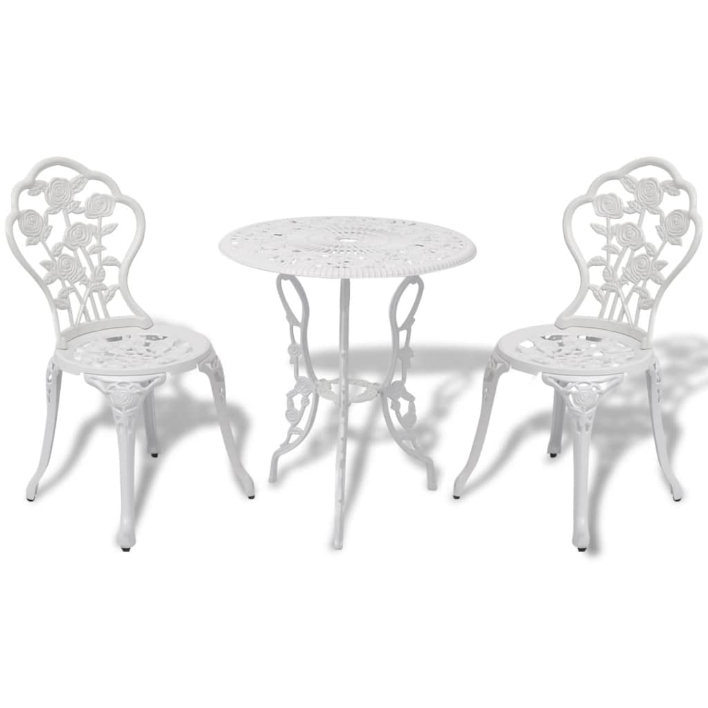 3 Piece Bistro Set | 3pcs Metal Patio Sets | Outdoor Decorative Conversation Sets | Garden 1 Round Table and 2 Chairs for Yard, Porch, Backyard, Balcony, Poolside | White Cast Aluminium and Iron