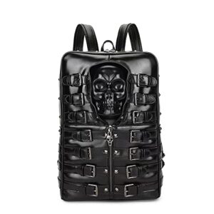 amviks 3d black skull backpack for men,pu leather unisex punk style travel back packs,rivet large bags